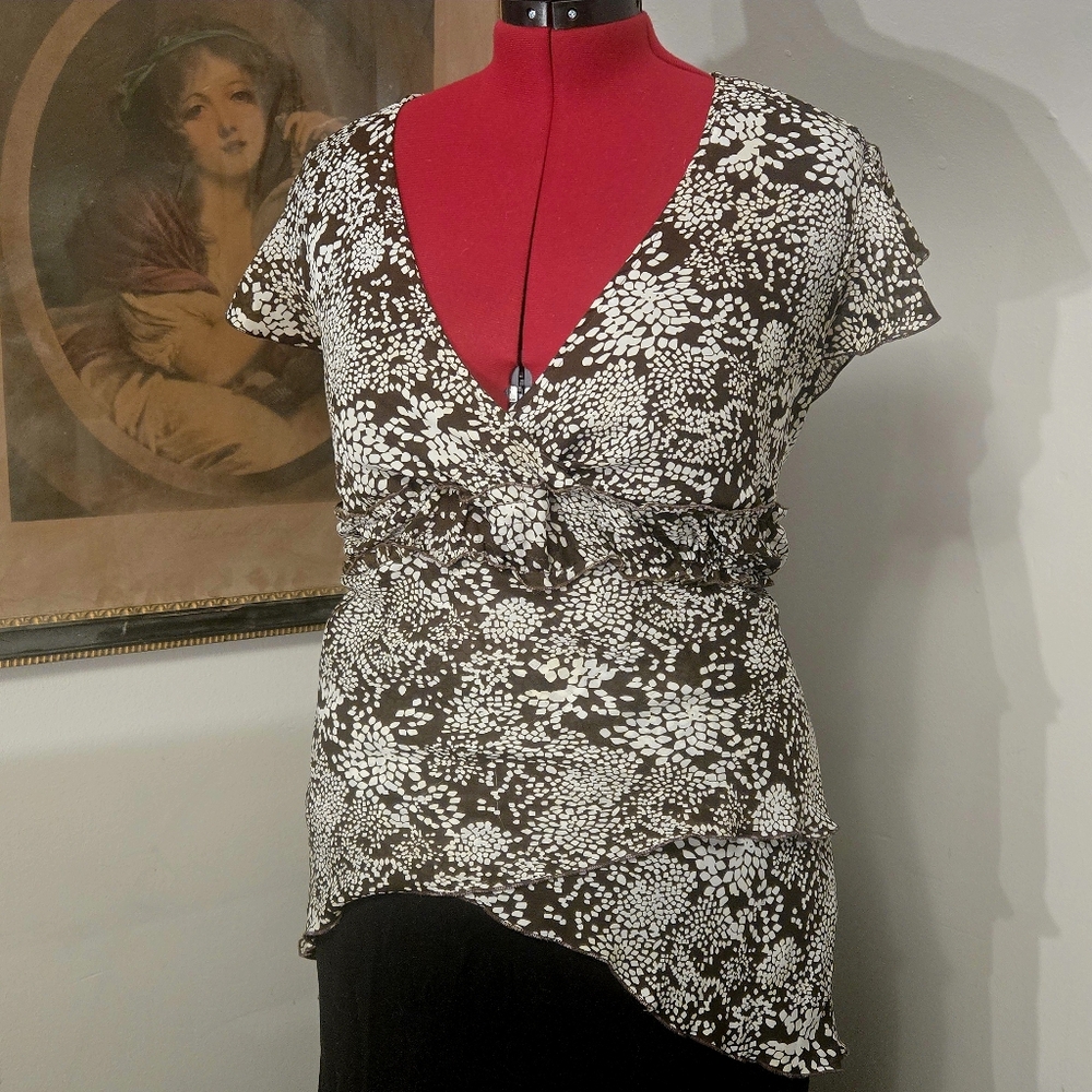 Vintage XL Brown and White Serenade New York Blouse short sleeve with Tied Waist